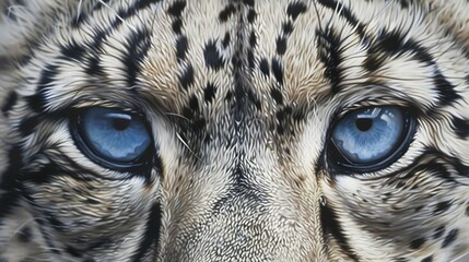 Close up of a snow leopard blue eyes staring intensely soft white fur with detailed black rosettes white background ultra HD studio photography