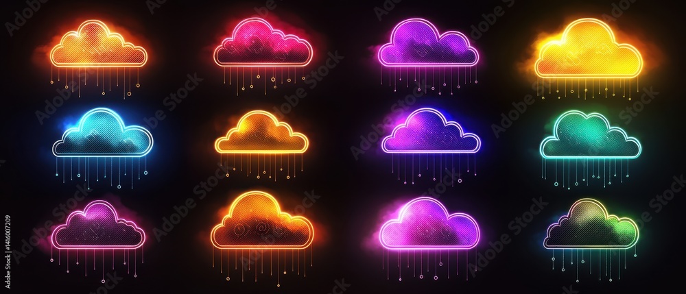 Poster glowing neon cloud with lines icon set, vector glowing clouds and rain symbol collection on a dark b
