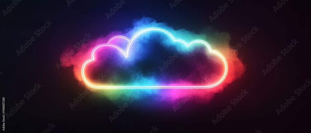 Poster a neon outline of a cloud with data, each in different colors and glowing against a dark background 