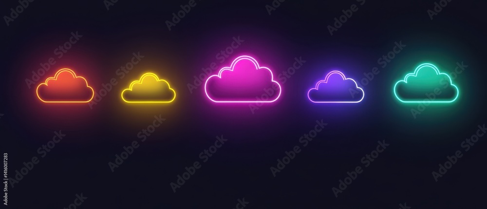 Poster a neon outline of a cloud with data, each in different colors and glowing against a dark background 