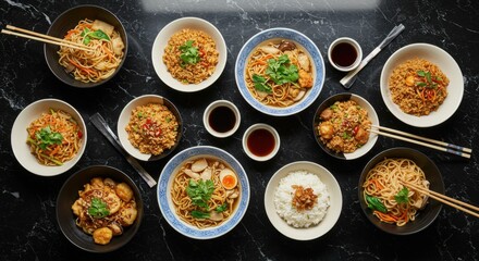 Assortment of delicious Asian noodles and rice dishes