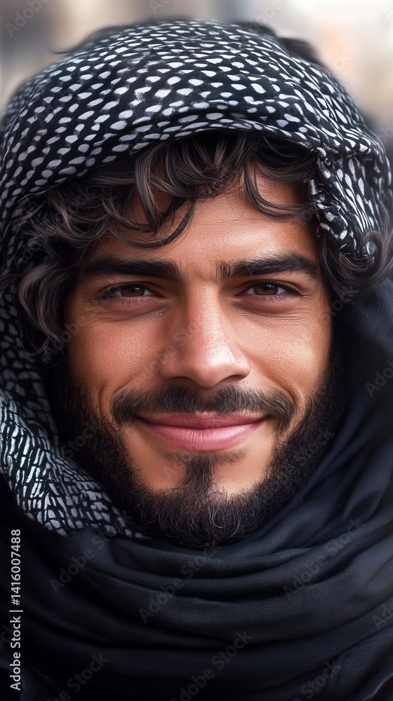 Poster Smiling man wearing a patterned headscarf is looking directly at the viewer with a warm expression.