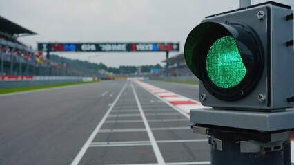 A green traffic light at an intersection on a race track. Indicating vehicles to proceed or stop as needed for safety and event management.