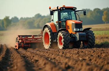Obraz premium Orange tractor cultivating field soil with rotary tiller. Modern agriculture machine plowing farmland, preparing ground for sowing, planting. Agricultural industry tech.