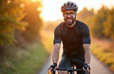 Cheerful bearded man rides bike outdoors. Wearing helmet, glasses, activewear. Smiling at camera, enjoying nature. Healthy lifestyle, eco-friendly sport. Cyclist on bicycle, active leisure.