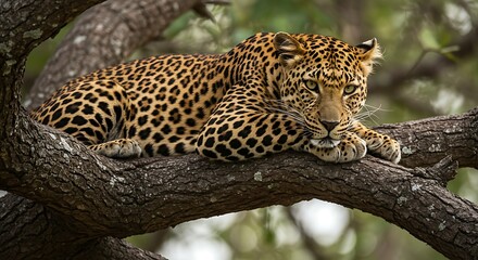 A leopard resting on a tree branch, staring intensely 