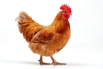 Fototapeta premium Brown feathered hen standing alone on white background
