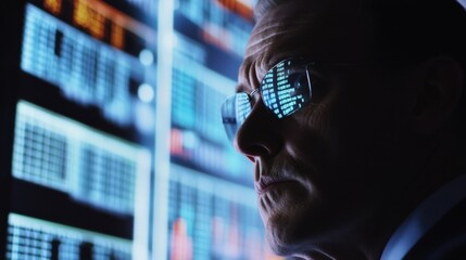 Senior politician wearing glasses is analyzing political data reflected in his glasses, displayed on multiple computer screens in a dark room at night, creating a dramatic atmosphere