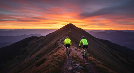 Fototapeta premium Cyclist Silhouette on a Mountain Trail at Sunset
