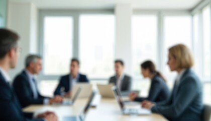 Blurred business meeting in office. People around table with laptops. Pro teamwork, corporate discussion. Brainstorming, presentation, analysis, collaboration in modern workplace.