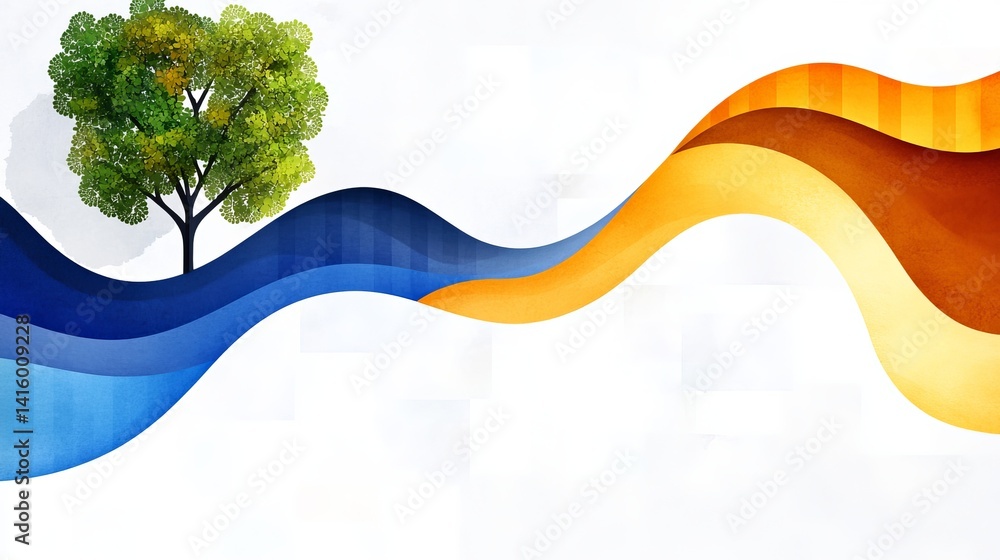 Poster stylized tree stands against an abstract background of flowing, colorful waves. - high quality styli