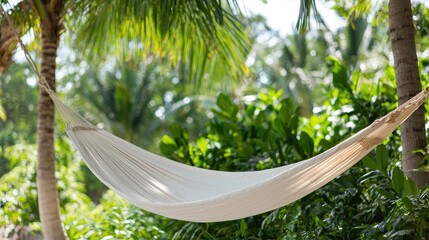 Serene hammock hanging in lush green forest peaceful relaxation nature scene