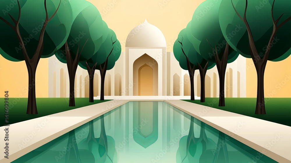 Aufkleber taj mahal-style building is reflected in the water feature surrounded by trees on a symmetrical land
