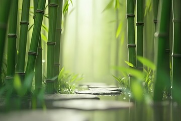 Lush bamboo grove pathway bathed in soft morning light.