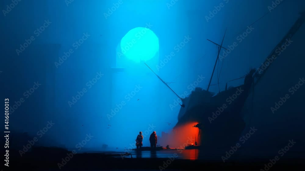 Aufkleber exploring a mysterious harbor at dawn with silhouettes and a ship generative ai