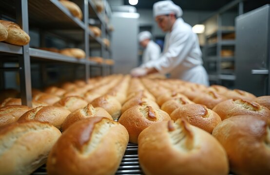 Fresh bread loaves in industrial bakery. Baker man in white uniform working, making bread, detail of flour, pastry. Bakery industry, baking preparation for sale. Food production, chef favor, business.
