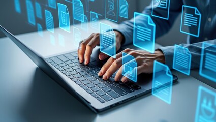 Obraz premium Man typing on laptop, glowing electronic document files and digital signature