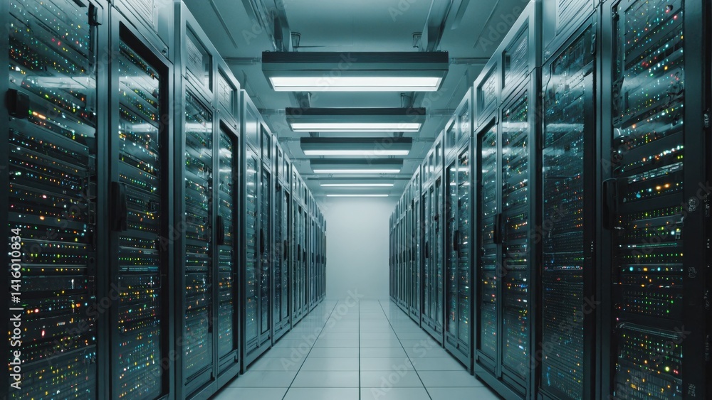 Poster rows of servers and network racks in a modern data center.