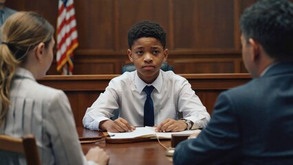 A young boy dressed formally, testifying at a court hearing. He's sitting between two people, likely attorneys or officials.