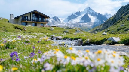 Fototapeta premium Alpine chalet nestled in a flower-filled meadow, with a crystal-clear stream flowing past, against a backdrop of majestic snowy peaks