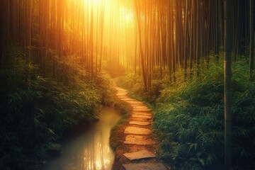 Obraz premium Golden sunlight streams through a winding bamboo forest path.