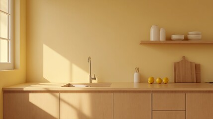Fototapeta premium Minimalist Kitchen with Light Wood Cabinets and Yellow Walls