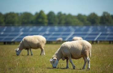 Obraz premium Herd of sheep grazing on green field near solar panels. Farming, renewable energy co-exist. Eco-friendly, sustainable tech, nature, animals, environment, and economy blend in rural landscape.