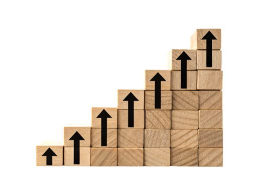 Business Growth Concept with Wooden Blocks and Upward Black Arrows. Symbolizing Incremental Progress and Sustainable Development