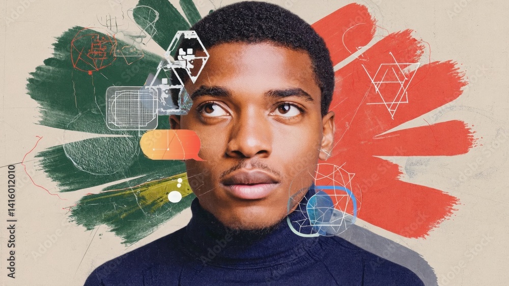 Poster a young man with a neutral expression, looking towards the left. the background is filled with abstr