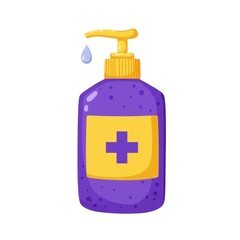 Obraz premium Cartoon sanitizer bottle with drop on white background