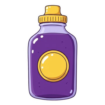 Cartoon purple potion bottle with yellow label, magic elixir flask in comic style, fantasy alchemy jar for game assets and ui design