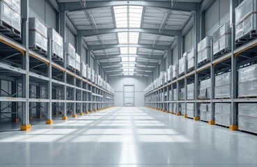 Warehouse industrial hall with storage racks. Metal shelves with goods storage. Empty warehouse. Business logistic concept. Shipping, distribution of products in factory. Modern architecture