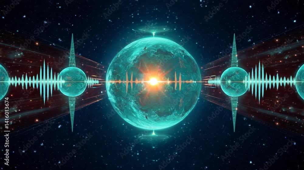 Poster deep space transmission featuring distorted alien music waves generative ai