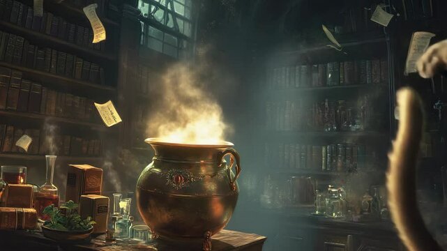 Enchanted cat brewing magic potion in mystical library