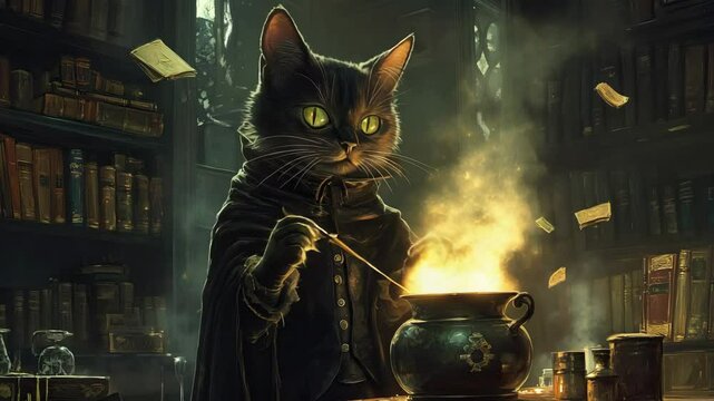 Enchanted black cat brewing magic potion in mysterious medieval library