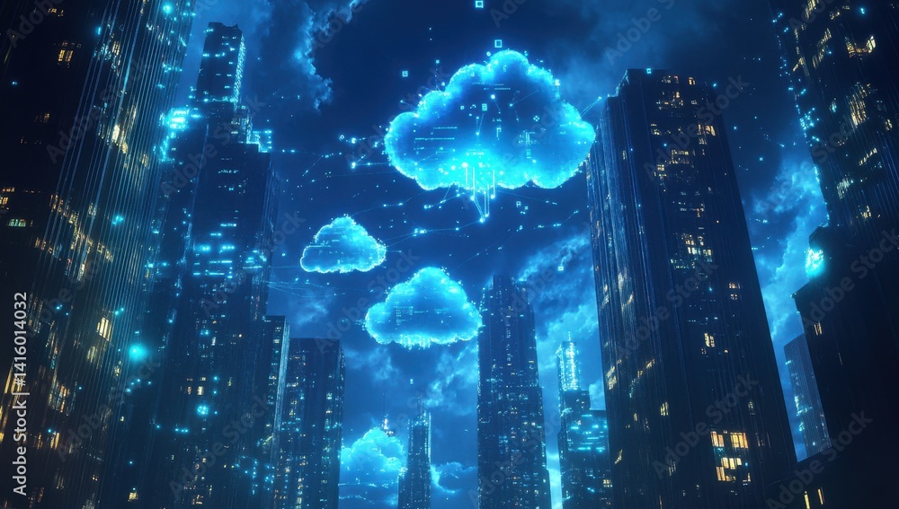 Poster a digital art rendering of cloud computing technology in an urban setting, with glowing clouds and i