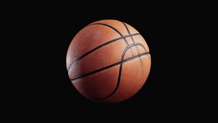 Fototapeta premium An isolated basketball with visible texture detail, set against a black background. This image is perfect for illustrative purposes in sports or recreational activities.