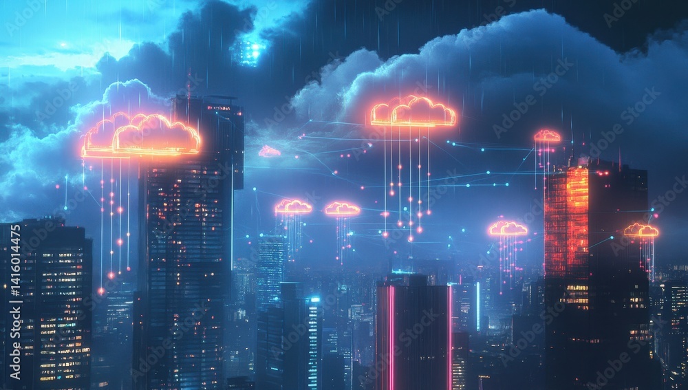 Poster a digital art rendering of cloud computing technology in an urban setting, with skyscrapers and clou
