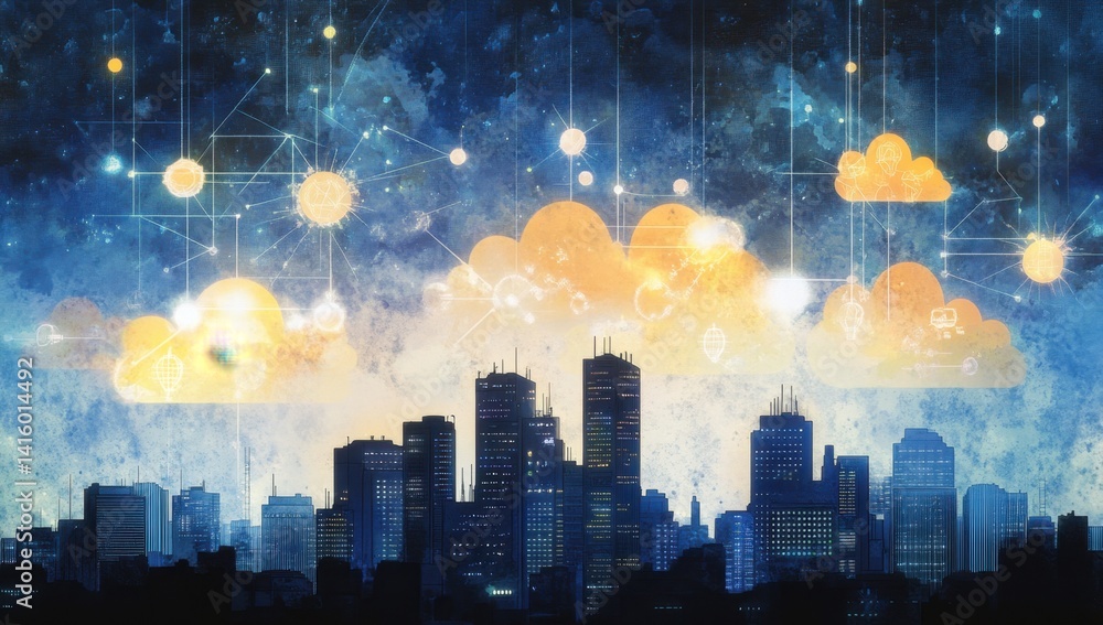 Poster a digital artwork depicting cloud computing and smart city technology, showcasing the integration be
