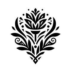 Decorative symmetrical black logotype design of a flower with stem isolated on transparent background. Beautiful and elegant floral tattoo style graphic icon.