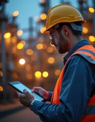 Engineer with tablet oversees operations in industrial plant at dusk. Man in uniform using digital tablet for inspection. Industrial, tech, energy, engineering, manufacturing, industry,