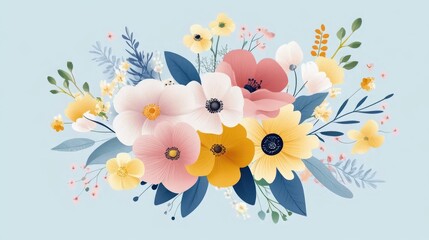 Naklejka premium Watercolor Floral Arrangement: A gentle palette of spring blooms and foliage