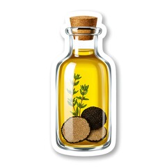 Truffle oil bottle with thyme sprig sticker on white background