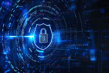 Fototapeta premium A blue shield with an open padlock is centered on the screen, surrounded by digital code and binary