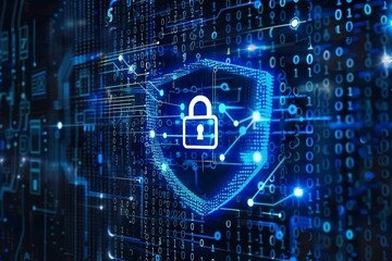 A blue shield with an open padlock is centered on the screen, surrounded by digital code and binary