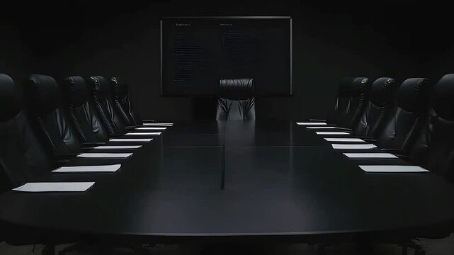 Dark, empty conference room with long table and chairs, documents on the table. Perfect for corporate, business, or mystery themes.