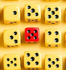 A pattern of yellow dice with one red die in the middle, all dice have black dots on them, flat lay photography, symmetrical composition, stock photo, high resolution. 