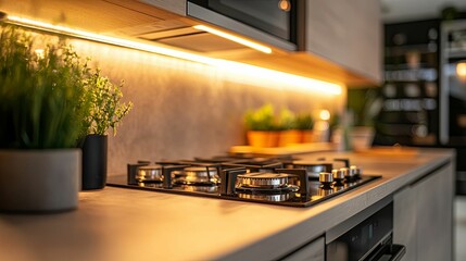 Modern kitchen stovetop illuminated by warm lighting.