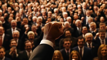 Obraz premium Politician in a suit raising a fist in front of a large crowd of enthusiastic supporters during a lively political rally or convention, embodying strength and leadership