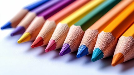 Close-up view of colorful crayons arranged in a row.